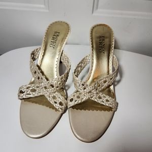 Franco Sarto Beige Leather Braided Cross Strap Slip On Heeled Sandals Size 10M